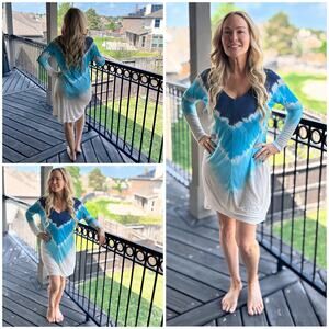 C06 Venus Long Sleeve Lightweight V Neck Tie Dye Cover Up Dress SZ M $49